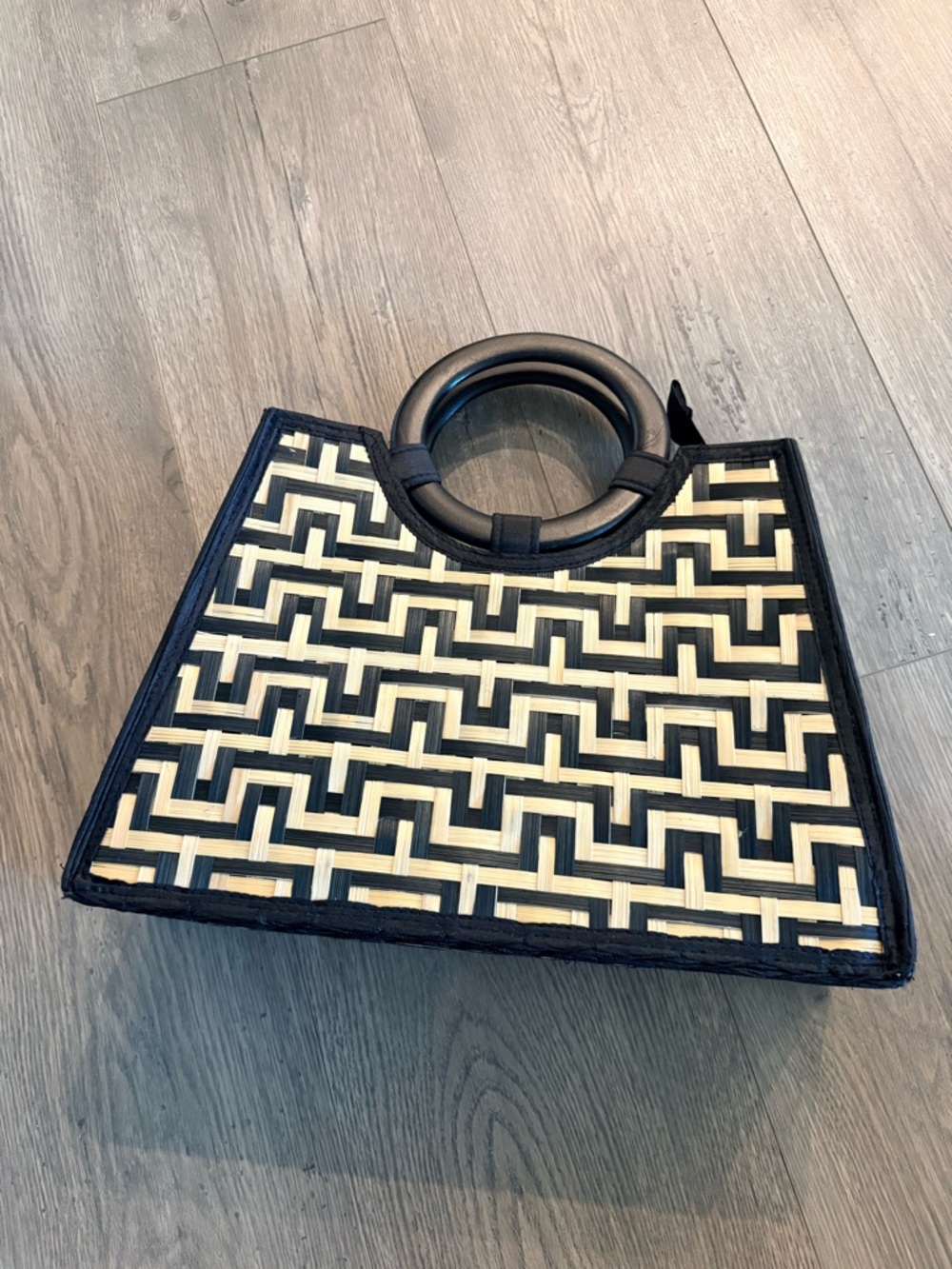Artisan Made- Structured Geometric Woven Straw and Wood Tote/Purse